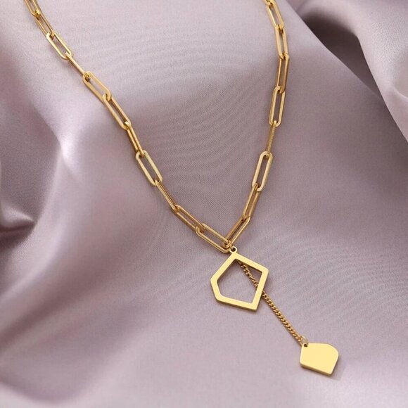 NWT Geometric Pendant Lariat Y Necklace 14K Gold Plated Minimalist Choker 16” - Picture 4 of 7